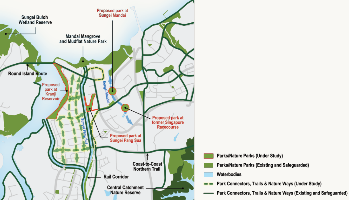 Map of Singapore's northern nature reserves, trails and park connectors, showing proposed park locations and existing safeguarded locations.